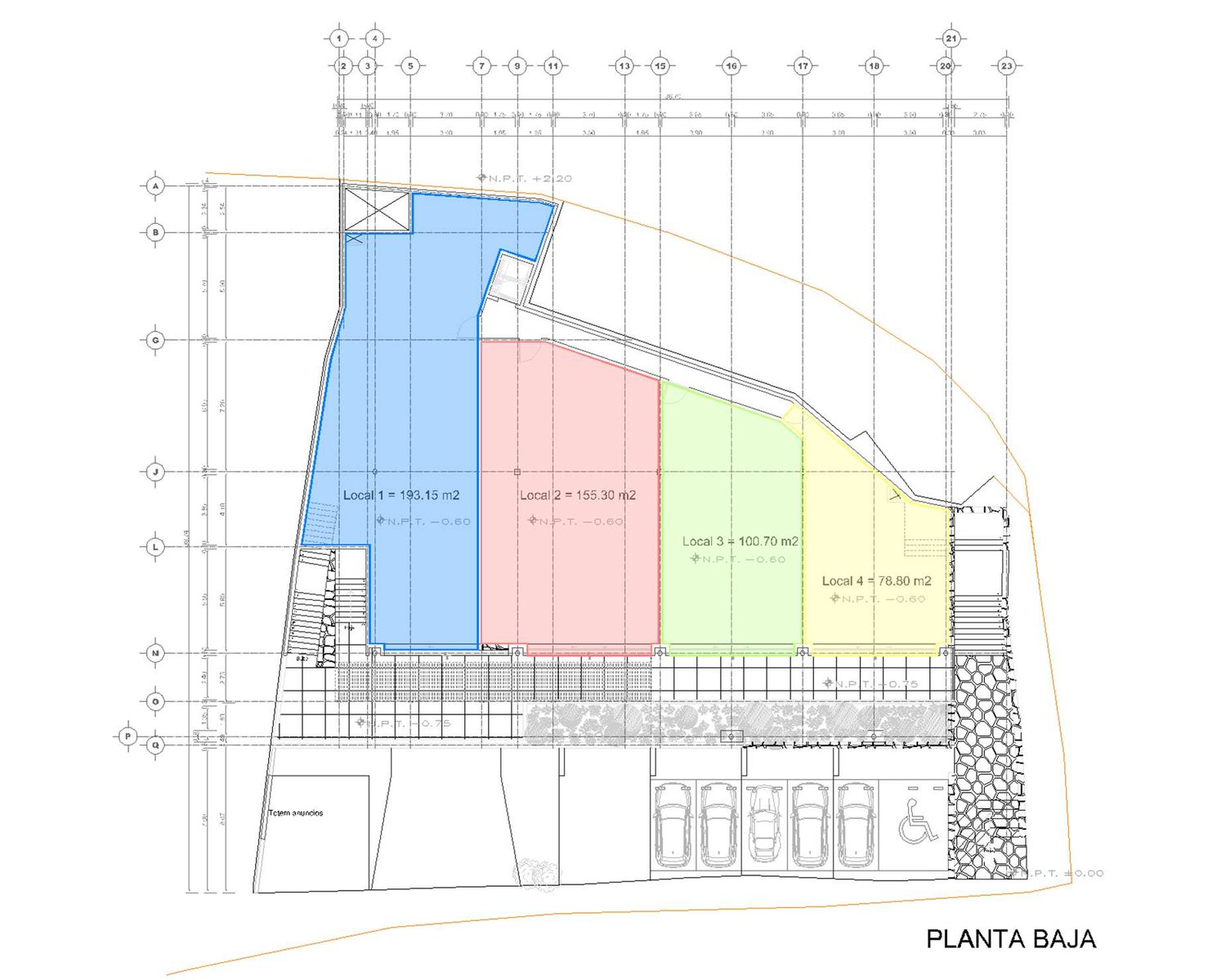 Planta baja con locales 1, 2, 3 y 4 acotados